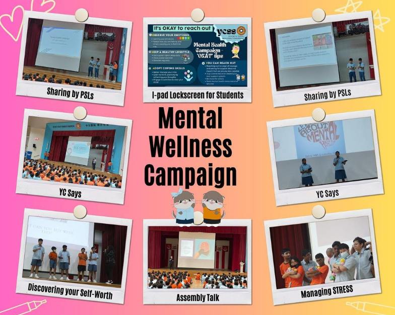 Seven polaroid photos of a school Mental Wellness Campaign showing student presentations, assembly talks, and stress management activities.